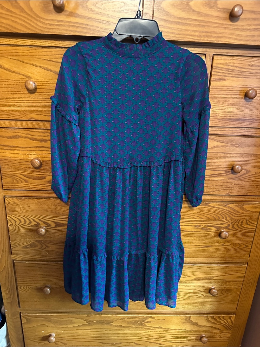 Girls' Teal and Purple Printed Ruffle-Hem Dress